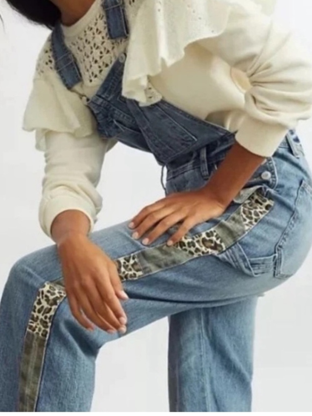 Pilcro Light Blue Denim Overalls with Leopard-Print Side Stripe